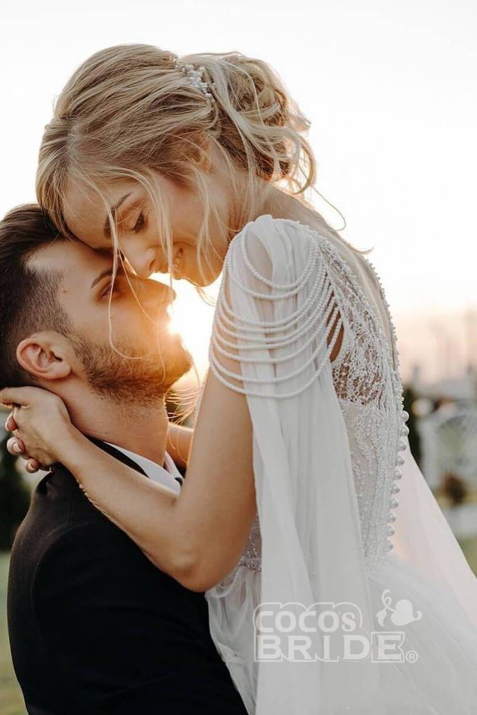 A Line Chiffon Cap Sleeves Boho Beach Wedding Dress Beaded Simple Dress for Bride-newarrivaldress