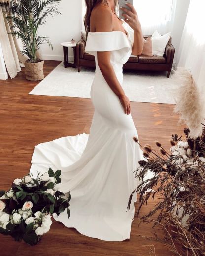 Off The Shoulder Ruffles Mermaid Wedding Dresses | Short Sleeves Floor Length Bridal Gowns-newarrivaldress
