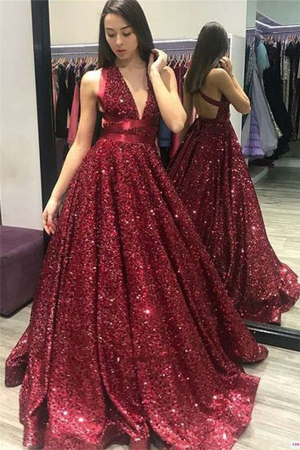 2021 Elegant Deep V-Neck Open-Back Prom Dresses | Sexy Halter Sequins A-Line Evening Dresses BC1055-newarrivaldress