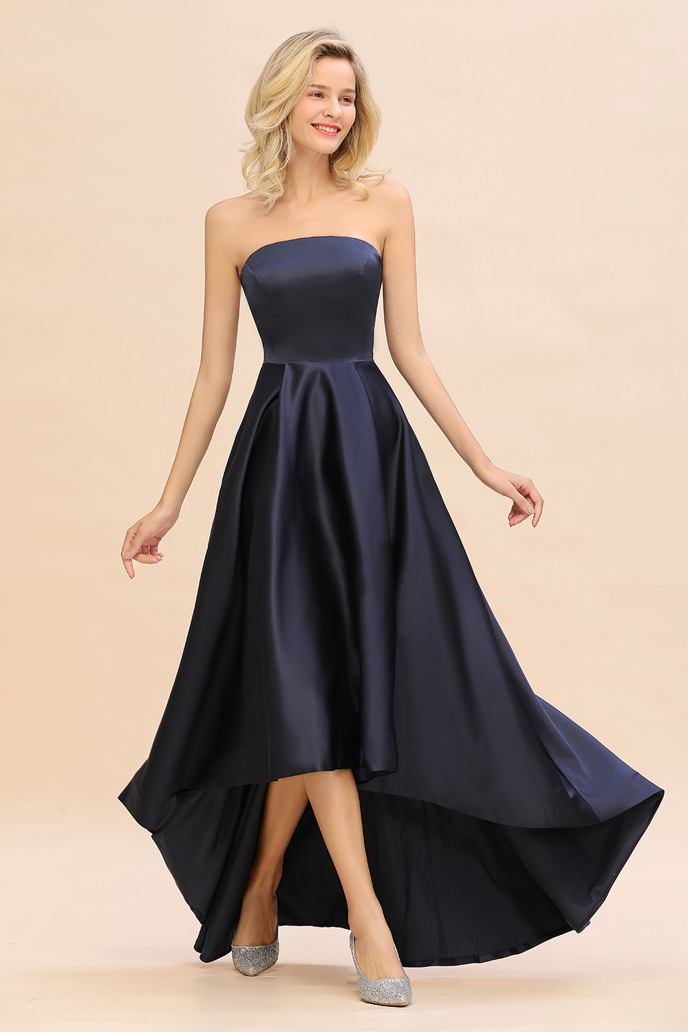 Strapless Satin Hi-Lo Bridesmaid dresses Simple Asymmetrical Length Party Dress-newarrivaldress
