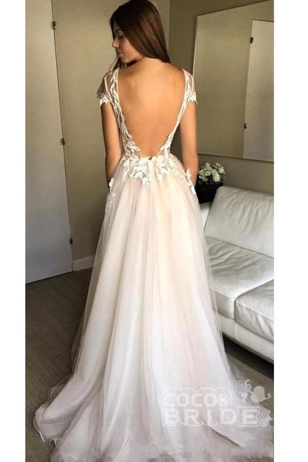 Sexy Cap Sleeve Deep V-neck With Appliques Split Tulle Wedding Dress-newarrivaldress