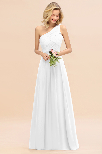 Elegant Ruched Chiffon One Shoulder Bridesmaid Dress Long Sleeveless Evening Dress