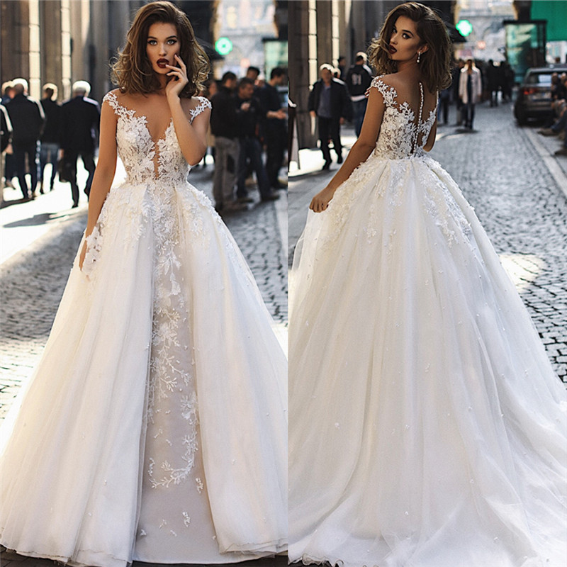 Modern Sleeveless Lace Wedding Dresses | Fluffy Tulle Overskirt Sexy Illsuion Bridal Gowns-newarrivaldress