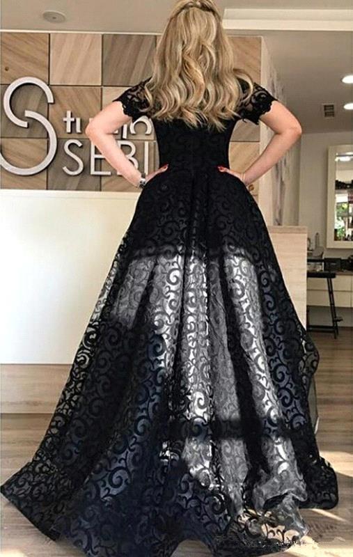 Black Short-Sleeve Lace Hi-Lo Sexy Prom Dress-newarrivaldress