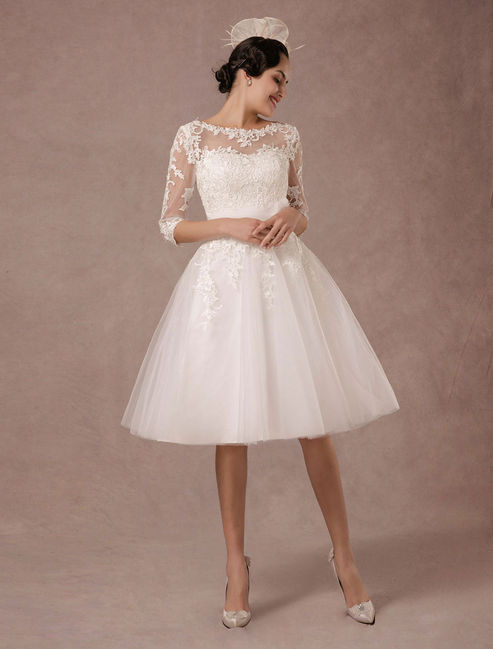 Short Wedding Dress Vintage Lace Applique Long Sleeves Tea Length A Line Tulle Bridal Gown With Flower Sash Exclusive-newarrivaldress