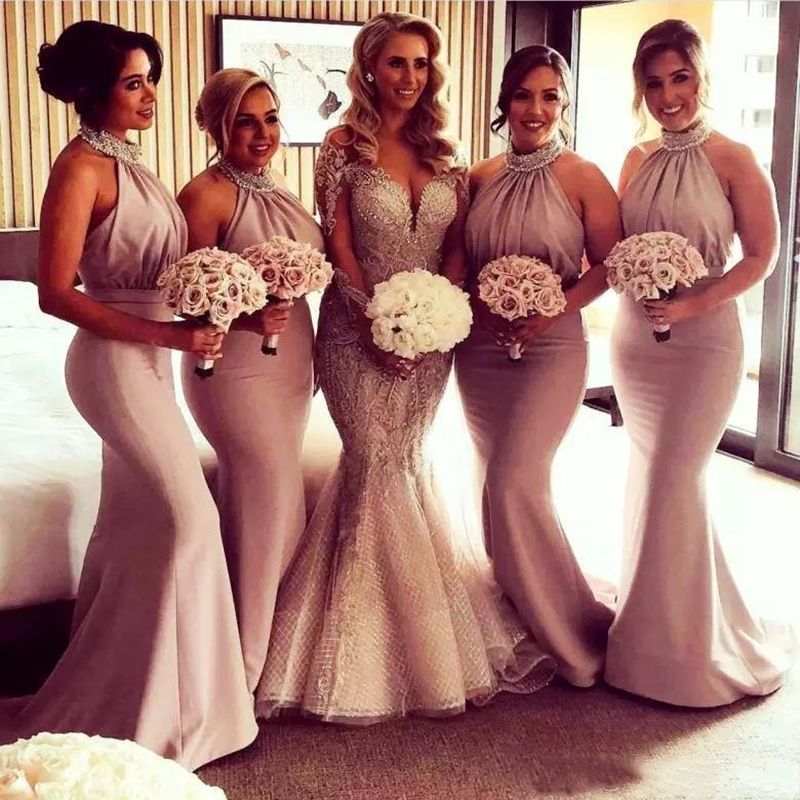 Glamorous Halter Sexy Mermaid Bridesmaid Dresses | Sexy Ruched Long Wedding Party Dresses-newarrivaldress