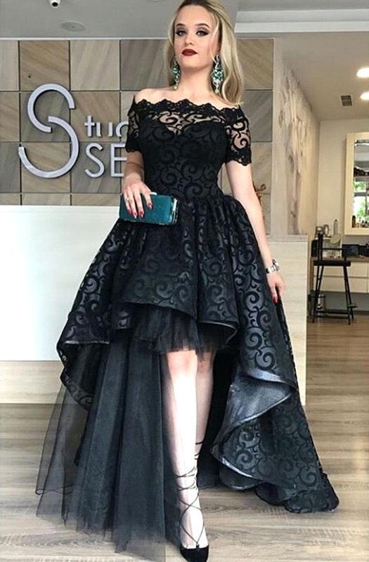 Black Short-Sleeve Lace Hi-Lo Sexy Prom Dress-newarrivaldress