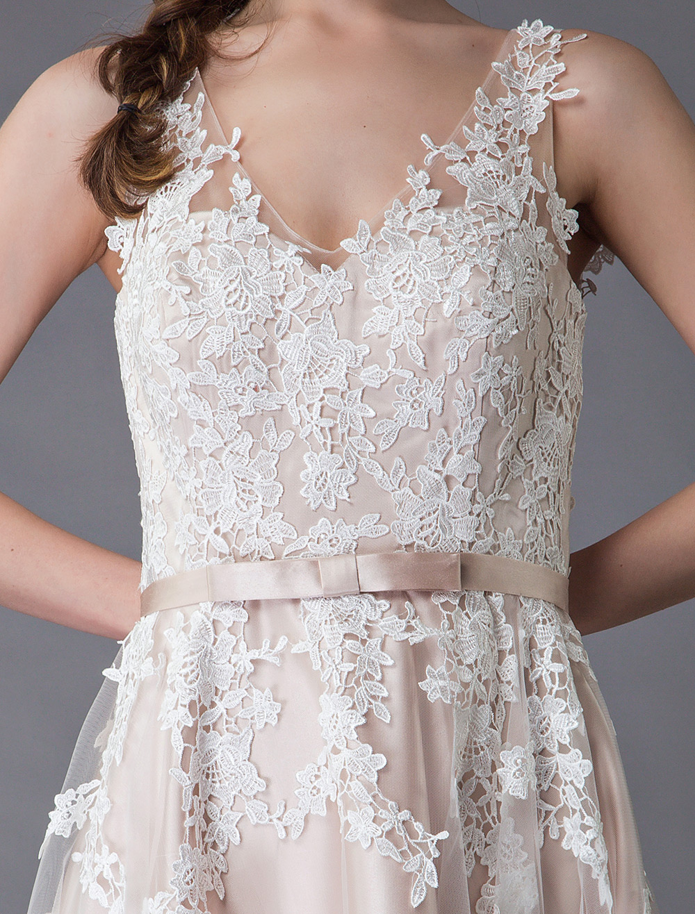 Lace Wedding Dresses High Low Bow Sash Tulle Applique Summer Beach Colored Bridal Gowns Exclusive-newarrivaldress