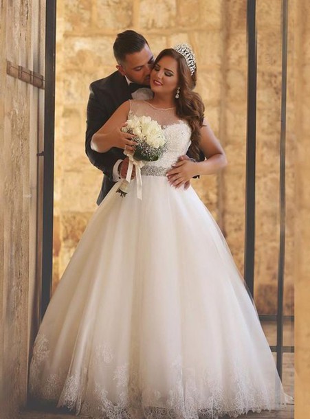 A-Line Crystal Floor Length Bridal Dress Crew Neck Plus Size Lace Wedding Dresses-newarrivaldress