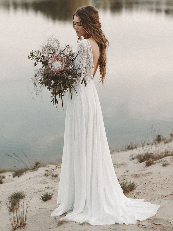 Simple Wedding Dress A Line V Neck Long Sleeve Floor Length Chiffon Lace Beach Wedding Dresses-newarrivaldress