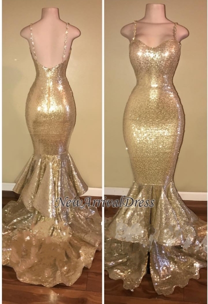 Gold Spaghetti Straps Layers-Train Sequins Mermaid Shiny Long Prom Dresses-newarrivaldress