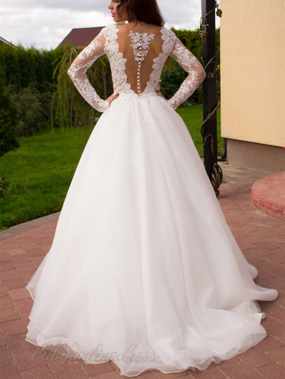 Elegant Long Sleeve Button Lace Appliques Princess Glamorous Tulle Wedding Dresses-newarrivaldress