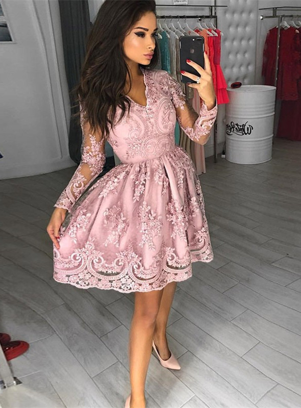 Modest Long Sleeve Lace Appliques Homecoming Dress | Short Party Gown-newarrivaldress
