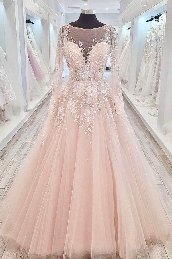 Elegant Lace Long sleeves Wedding Dress with Appliques Tulle White Bridal Dress-newarrivaldress