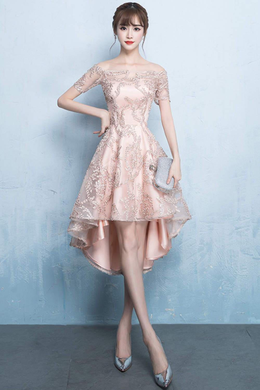 A-line Hi-lo Off-the-shoulder Short Sleeves Appliques Homecoming/Cocktail Dresses-newarrivaldress