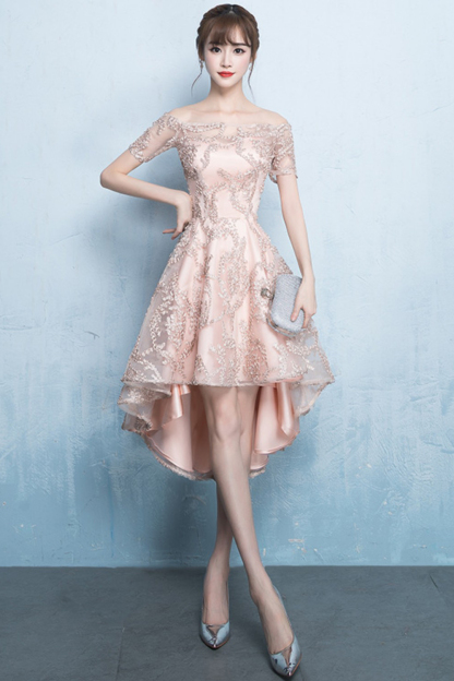 A-line Hi-lo Off-the-shoulder Short Sleeves Appliques Homecoming/Cocktail Dresses-newarrivaldress