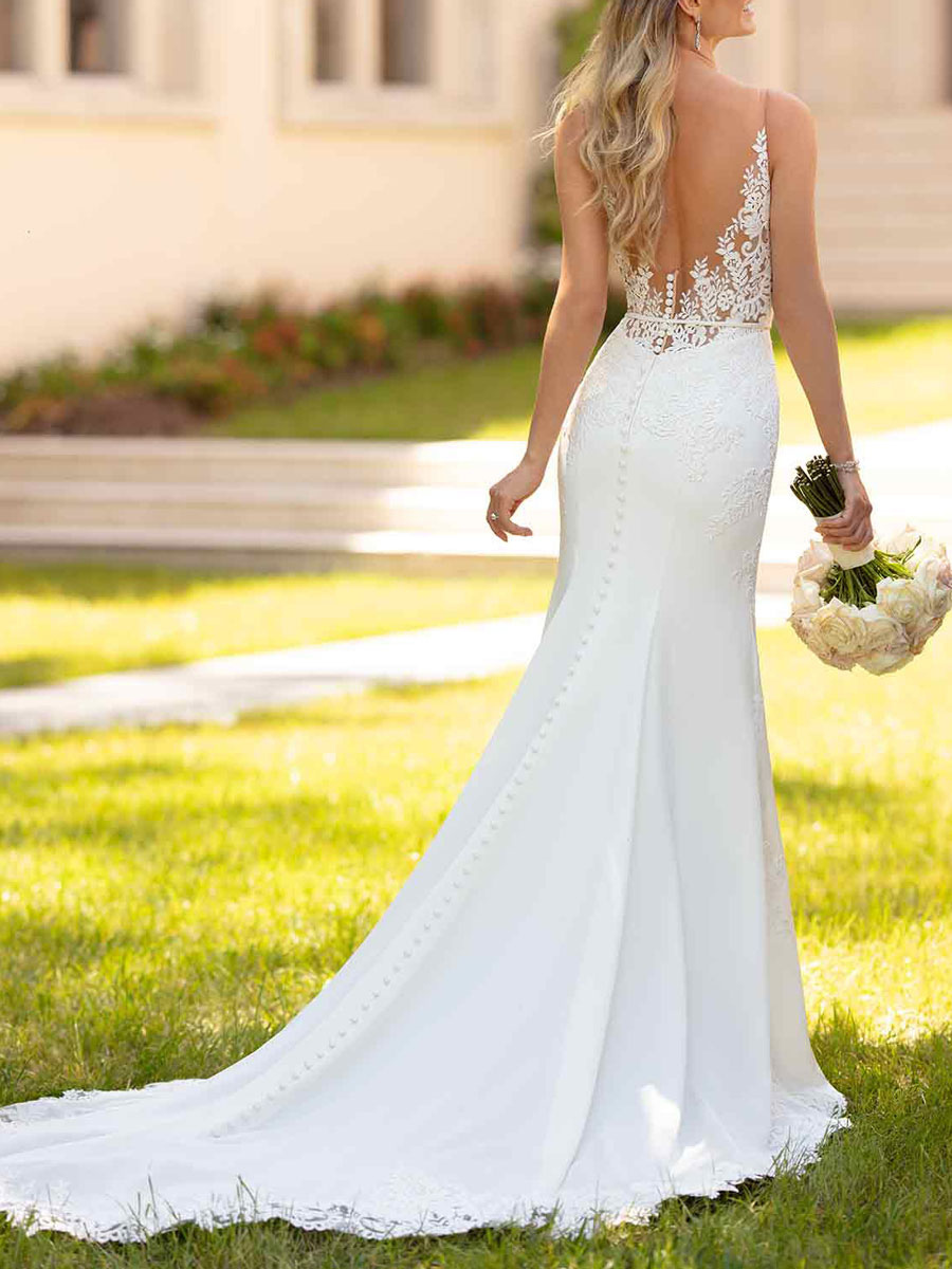 White Simple Wedding Dress Mermaid V-Neck Sleeveless Backless Natural Waist Lace Bridal Gowns-newarrivaldress