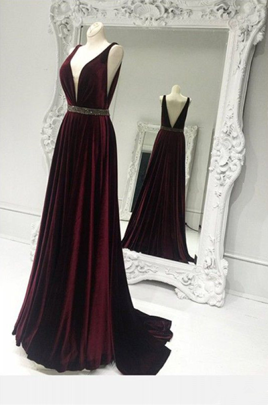 Sweep Train Brads Sleeveless Custom Made A-line V-neck Burgundy Zipper Prom Dresses-newarrivaldress