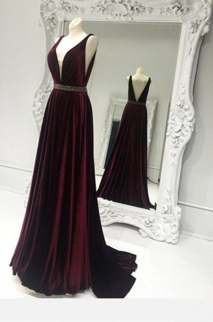 Sweep Train Brads Sleeveless Custom Made A-line V-neck Burgundy Zipper Prom Dresses-newarrivaldress