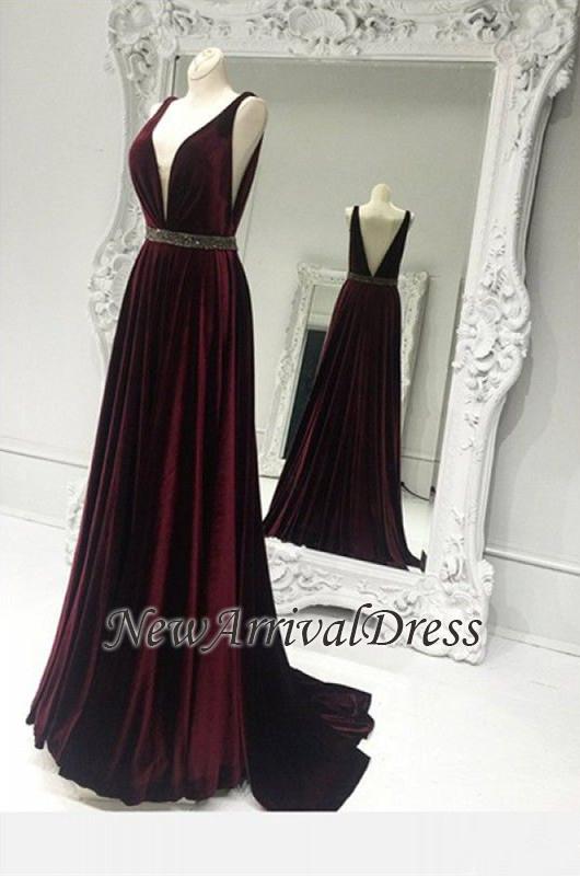 Sweep Train Brads Sleeveless Custom Made A-line V-neck Burgundy Zipper Prom Dresses-newarrivaldress