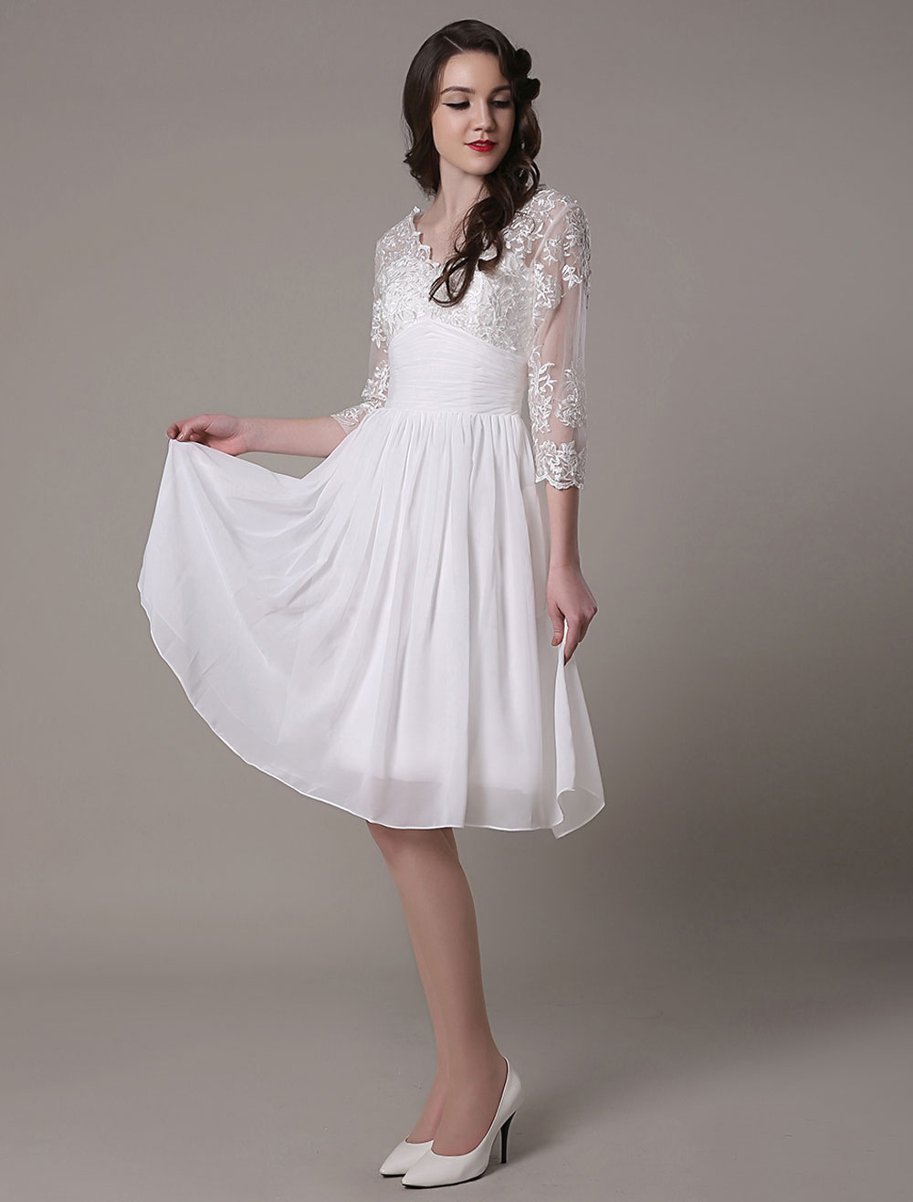 Simple Wedding Dressses Chiffon V Neck Lace A Linepleated Bridal Dress Exclusive-newarrivaldress