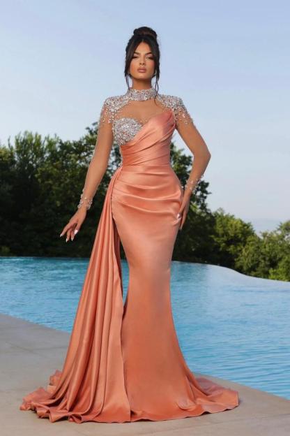 Sexy High Neck Crystals Satin Mermaid Prom Dress Long Sleeves Evening Dress with Sweep Train-newarrivaldress