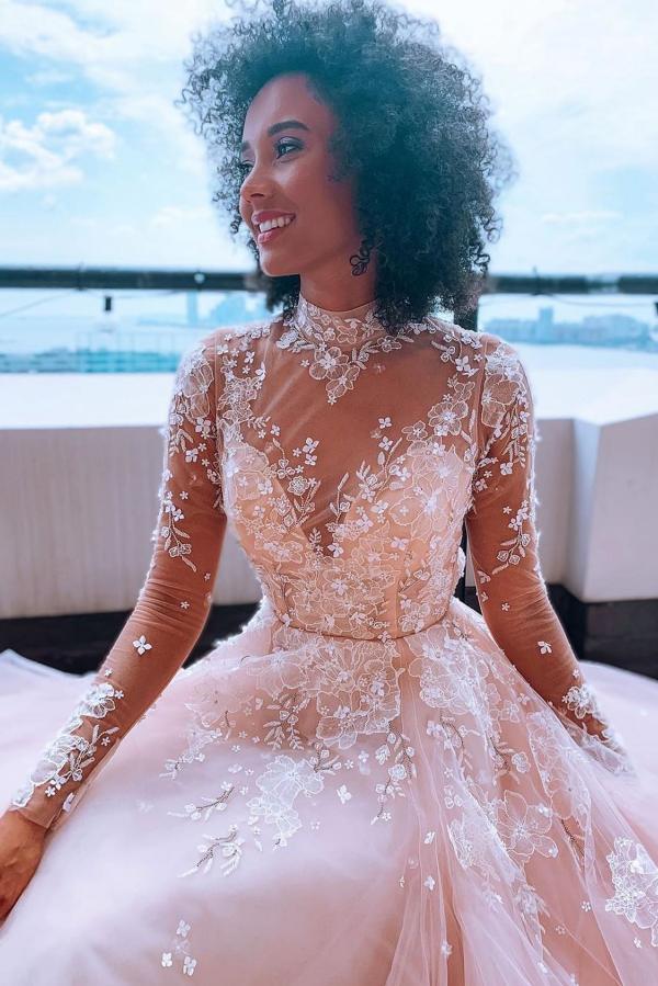 Elegant Lace Long sleeves Wedding Dress with Appliques Tulle White Bridal Dress-newarrivaldress