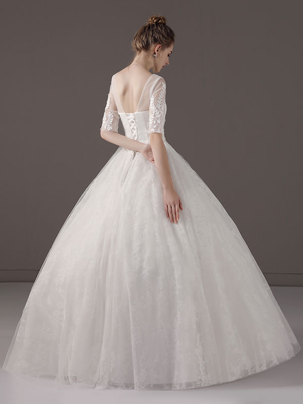 Wedding Dresses Princess Ball Gown Ivory Half Sleeve V Neck Lace Beaded Floor Length Bridal Dress-newarrivaldress