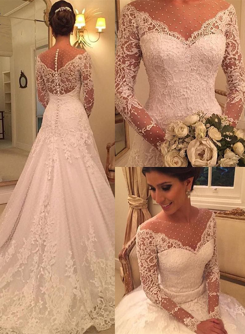Sexy See Through Long Sleeve Lace Wedding Dresses | Elegant Appliques A-line Bridal Gowns 2021-newarrivaldress