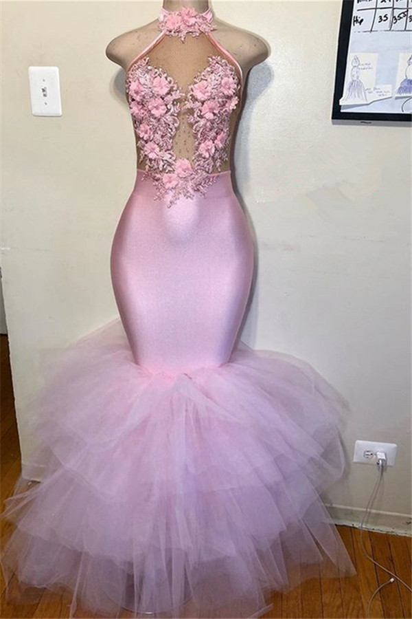 Pink Halter Sleeveless Flowers Appliques Tulle Mermaid Prom Dresses-newarrivaldress