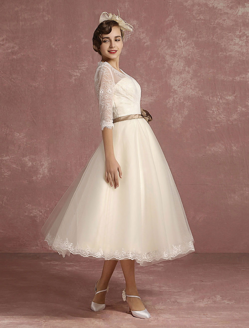 Vintage Wedding Dress Short Lace Tulle Bridal Dress Half Sleeve V Neck Backless A Line Flower Sash Tea Length Bridal Gown Exclusive-newarrivaldress