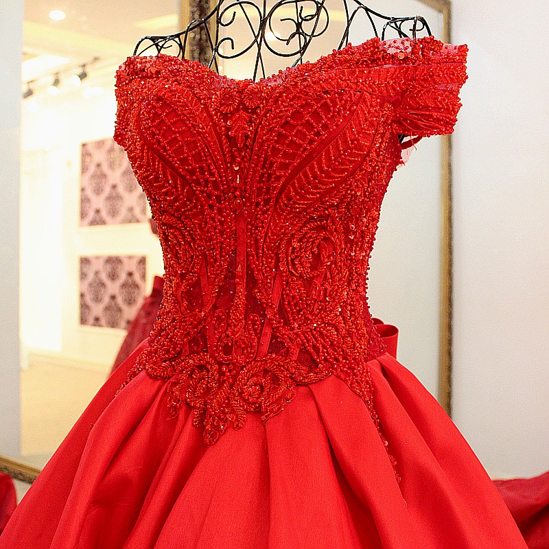 Red Off-the-shoulder Bow Lace-up V-neck Floor Length Evening gown with appliques-newarrivaldress