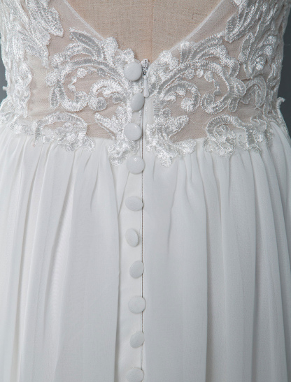 Wedding Dress V Neck Sleeveless Lace A Line Floor Length Chiffon Bridal Gowns With Train-newarrivaldress