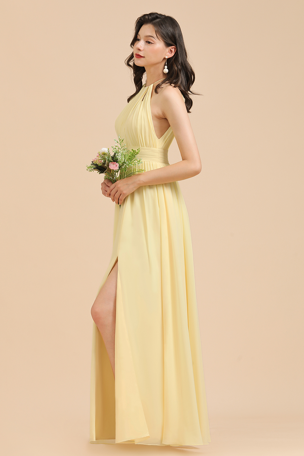Elegant Daffodil Halter Pleated Chiffon Bridesmaid Dress Side Slit Long Evening Dress-newarrivaldress