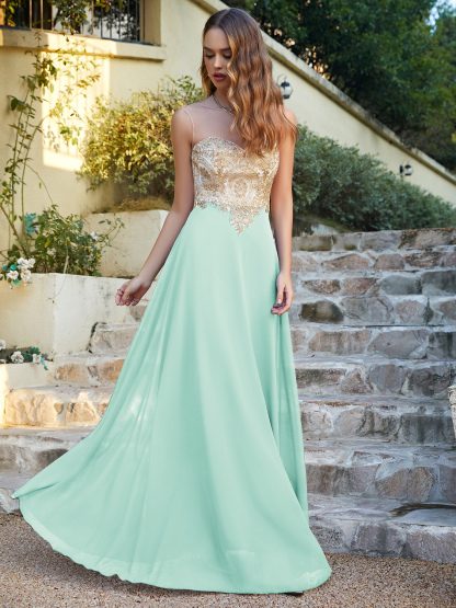 Elegant Sleeveless Chiffon Aline Evening Dress Lace Appliques Formal Dress-newarrivaldress