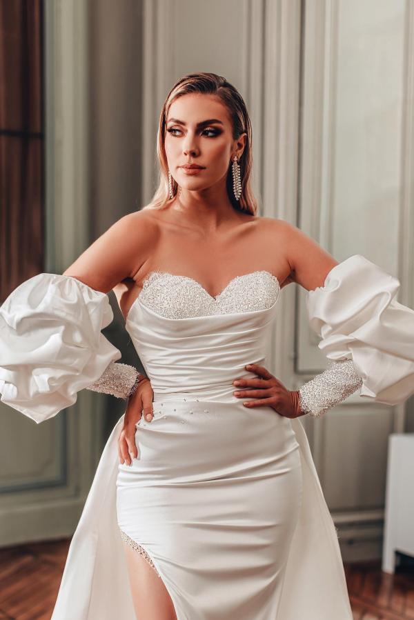 Gorgeous Satin Puffy Sleeves Satin Long Mermaid Wedding Dress Strapless Sweetheart Side Split Bridal Dress-newarrivaldress