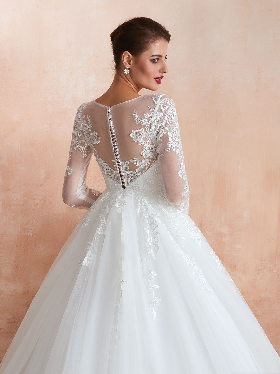 Wedding Gown 2021 3/4 Sleeve Jewel Neck Lace Appliqued Beaded Ball Gown Bridal Wedding Dress With Train-newarrivaldress