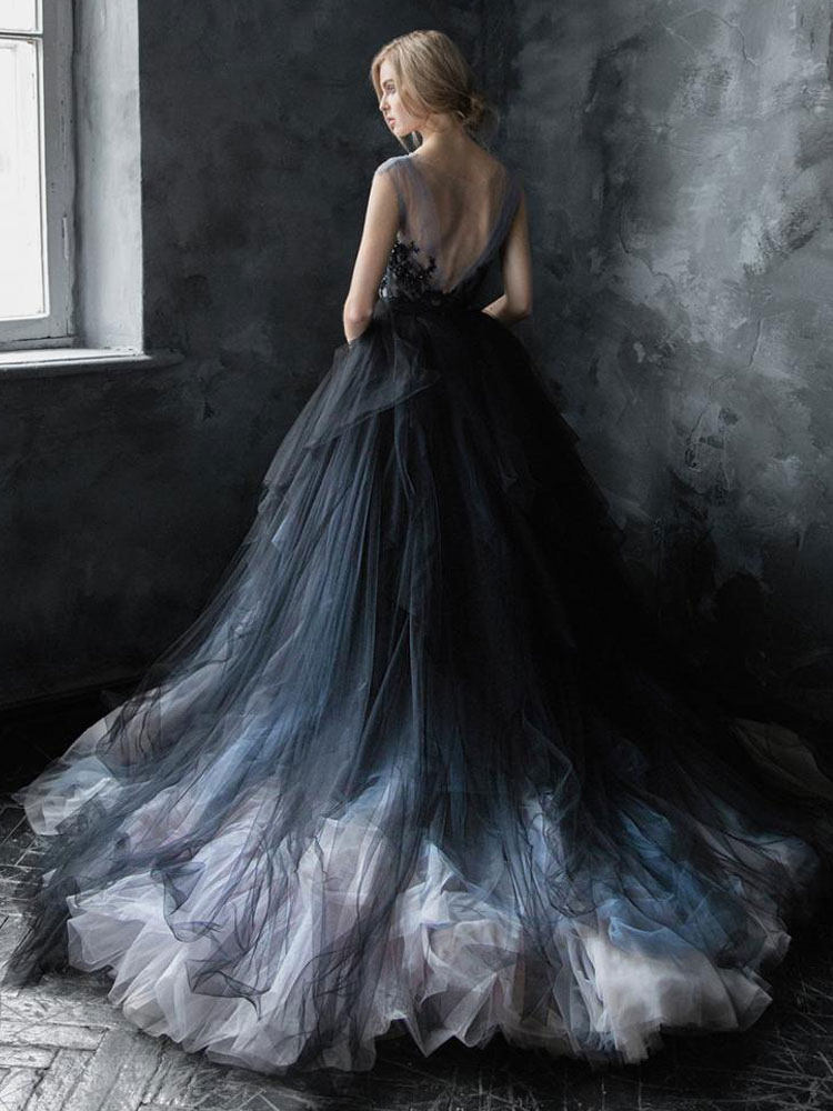 Black Gothic Wedding Dresses A-Line V-Neck Sleeveless Ball Gown Tulle Lace Bridal Gown-newarrivaldress