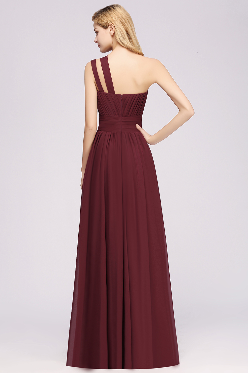 Elegant A-Line Burgundy Chiffon One-Shoulder Sleeveless Ruffles Floor-Length Bridesmaid Dresses-newarrivaldress