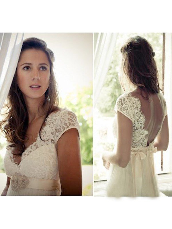 V-neck Sexy Sweep Train Sleeveless Tulle Beading Wedding Dresses-newarrivaldress