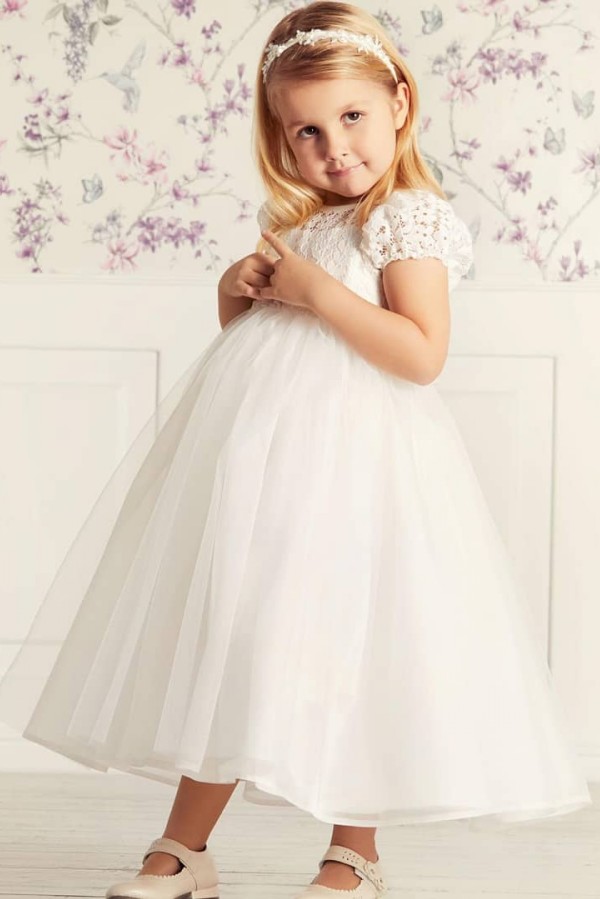 Cute Jewel Puffy Sleeves A-line Lace Tulle White Flower Girl Dresses with Belt-newarrivaldress