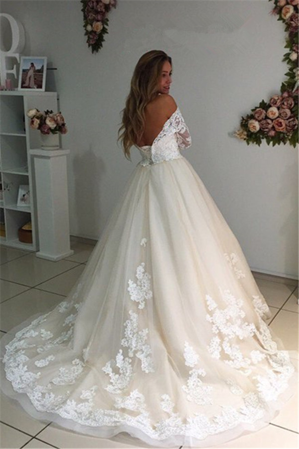 Ivory Backless Long Tulle Appliques New Arrival A-line Lace Sleeves Wedding Dresses-newarrivaldress