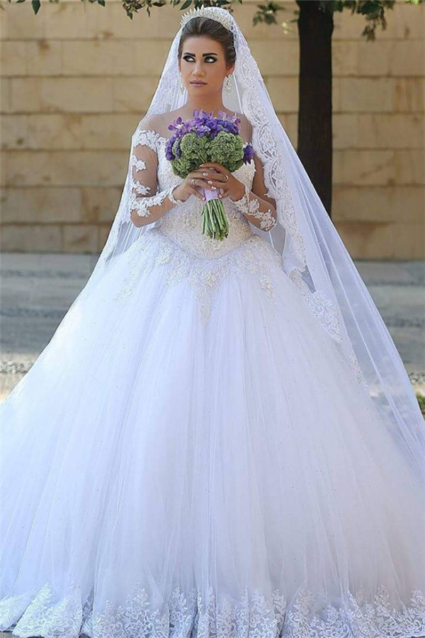Appliques Tulle Long Sleeves Online New Arrival Lace Beadings Elegant Ball Gown Wedding Dresses-newarrivaldress