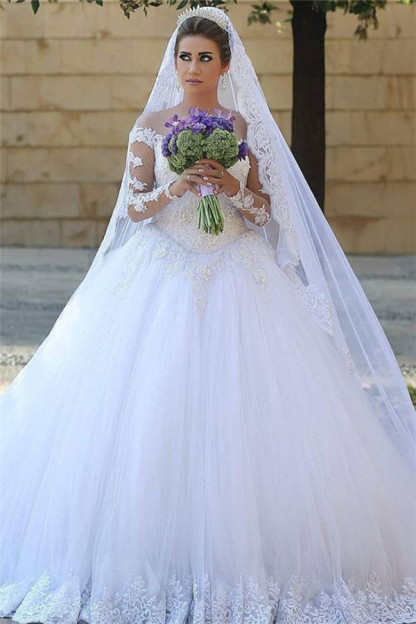 Appliques Tulle Long Sleeves Online New Arrival Lace Beadings Elegant Ball Gown Wedding Dresses-newarrivaldress