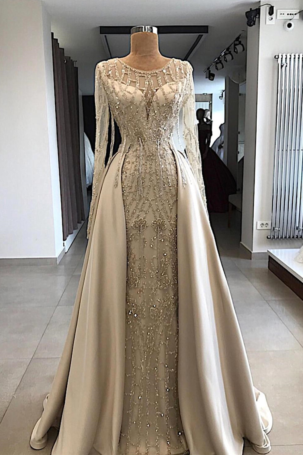 Beaded Long Sleeves Round Neck Prom Dress with Over Skirt | A Line Evening Gowns-newarrivaldress