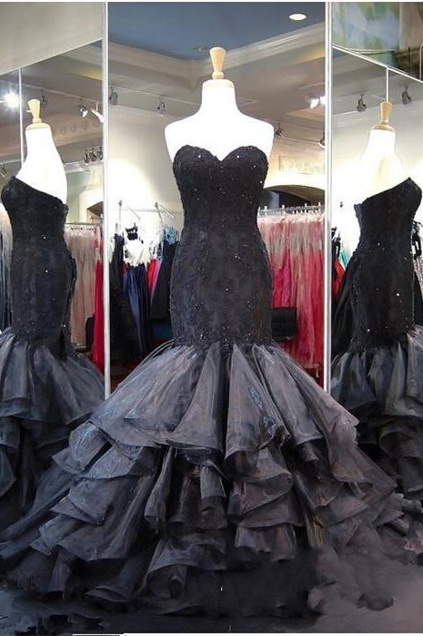 Lace-up Modern Black Ruffles Sweetheart Sweep-Train Sleeveless Evening Gown Prom Dress-newarrivaldress