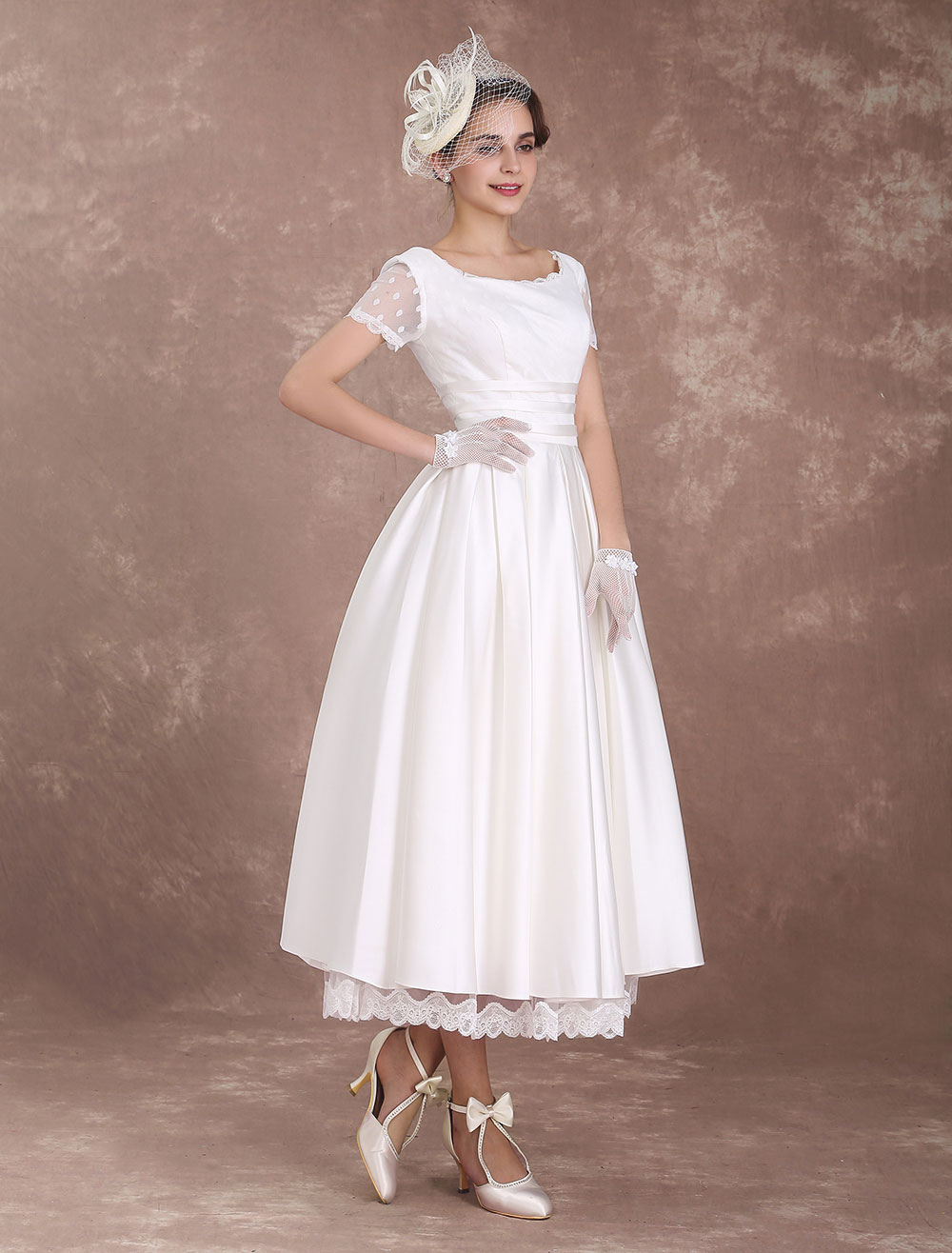 Vintage Wedding Dress Short Sleeve 1950'S Bridal Dress Backless Polka Dot Lace Trim Ivory Wedding Reception Dress Exclusive-newarrivaldress
