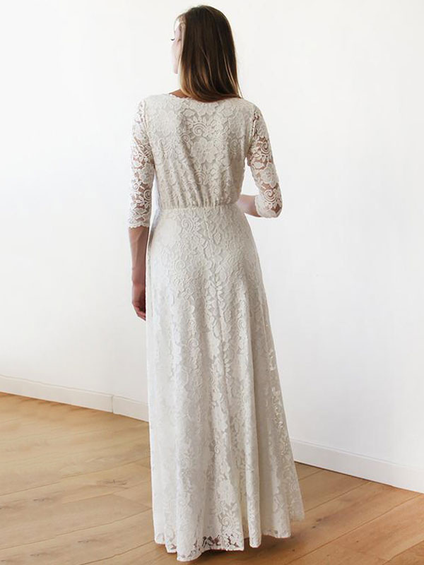 Wedding Dress Floor-Length A-Line 3/4 Length Sleeves V-Neck Lace Bridal Gowns-newarrivaldress