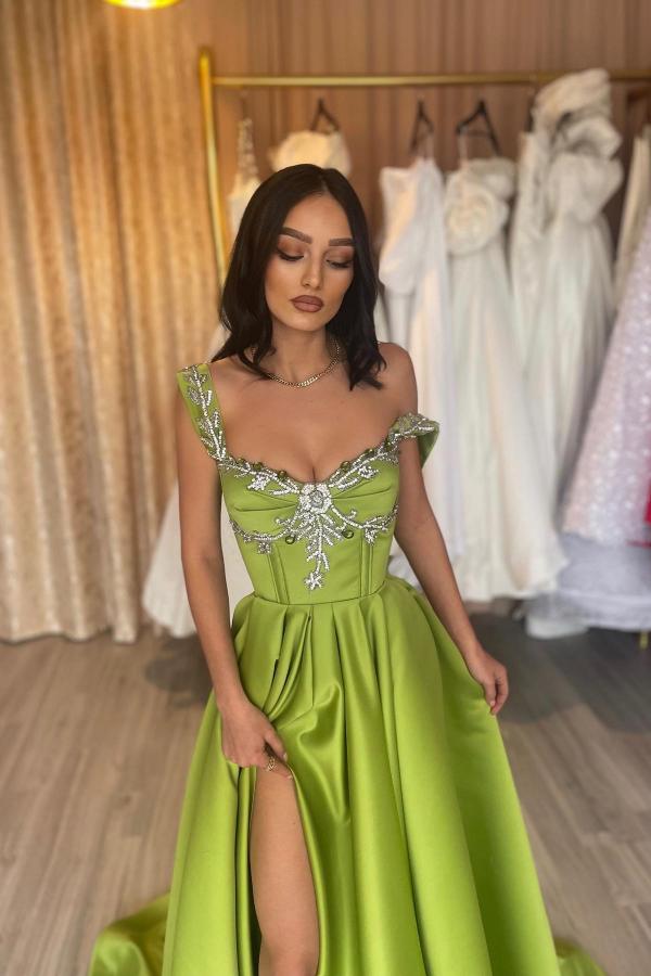 Square Neck Green Aline Evening Dress Long Front Split Appliques Formal Dress-newarrivaldress