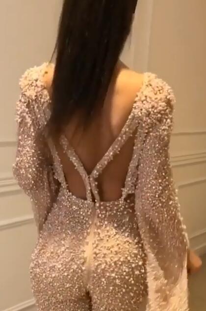 New Arrival Two Pieces Long Sleeves Crystals Crew Floor-Length Open Back Prom Dresses-newarrivaldress